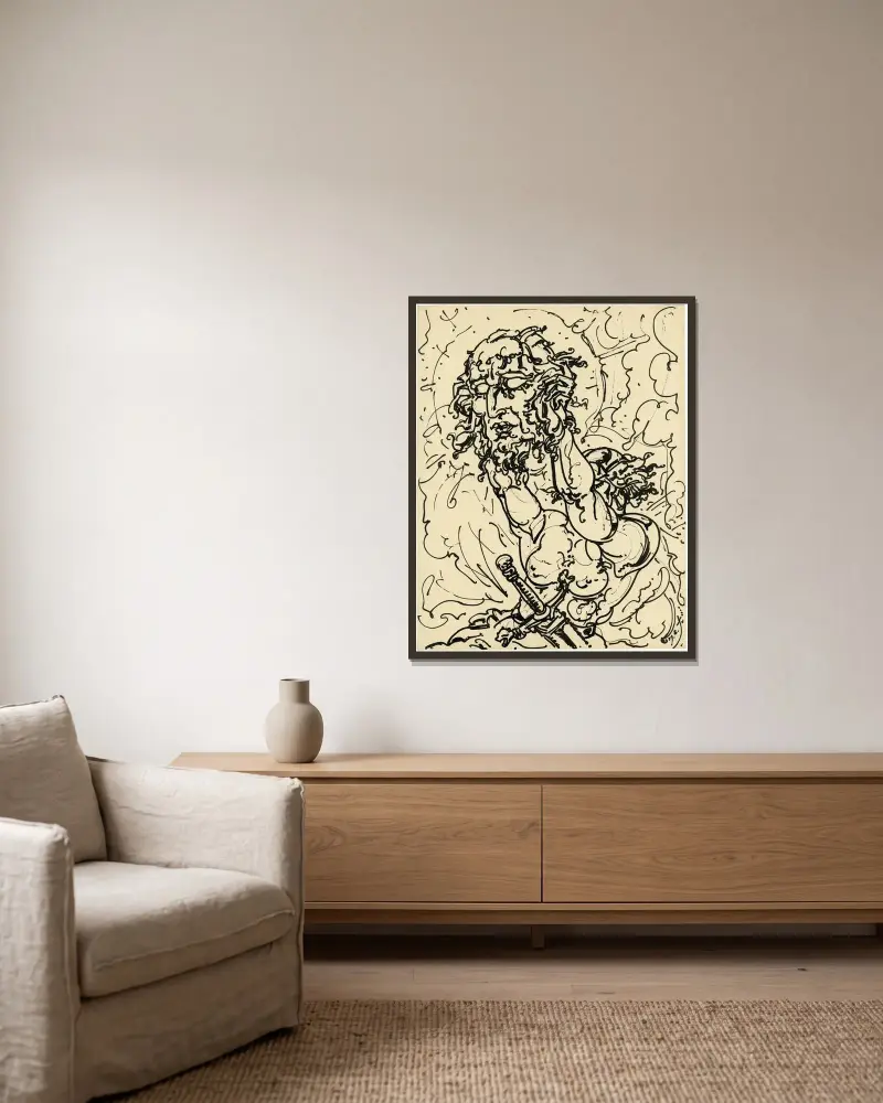 Figur med dolk av Alfred Ost inramad på en vägg