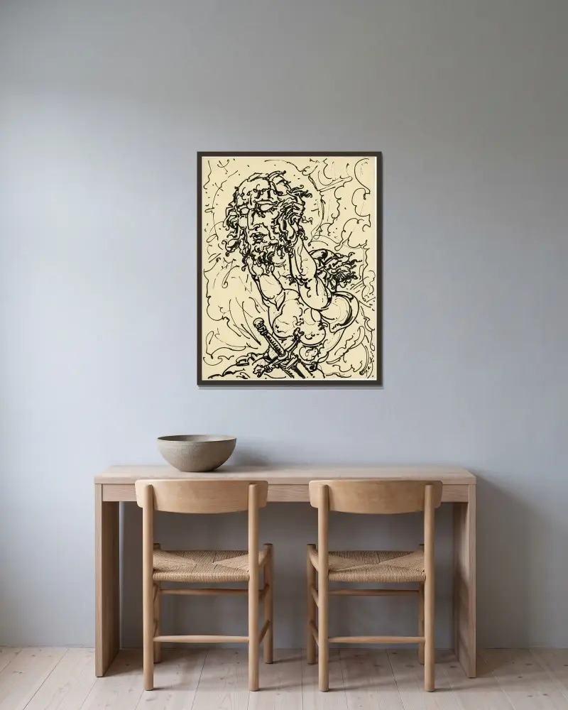 Figur med dolk av Alfred Ost inramad på en vägg