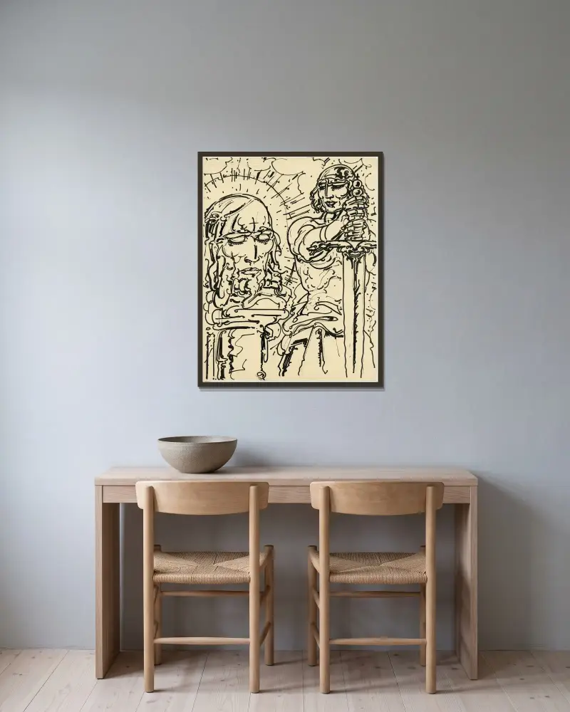 Figur med svärd av Alfred Ost inramad på en vägg