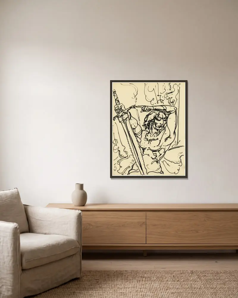 Figur med svärd av Alfred Ost inramad på en vägg