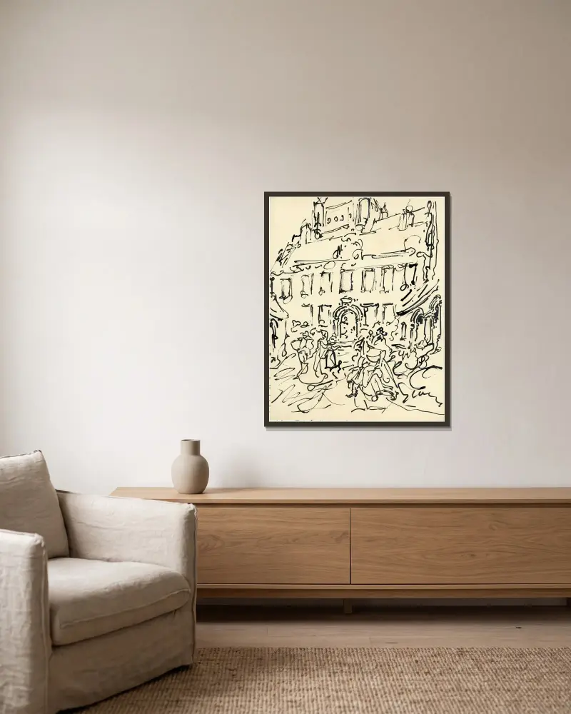 Gebouw met figuren vooraan av Alfred Ost inramad på en vägg