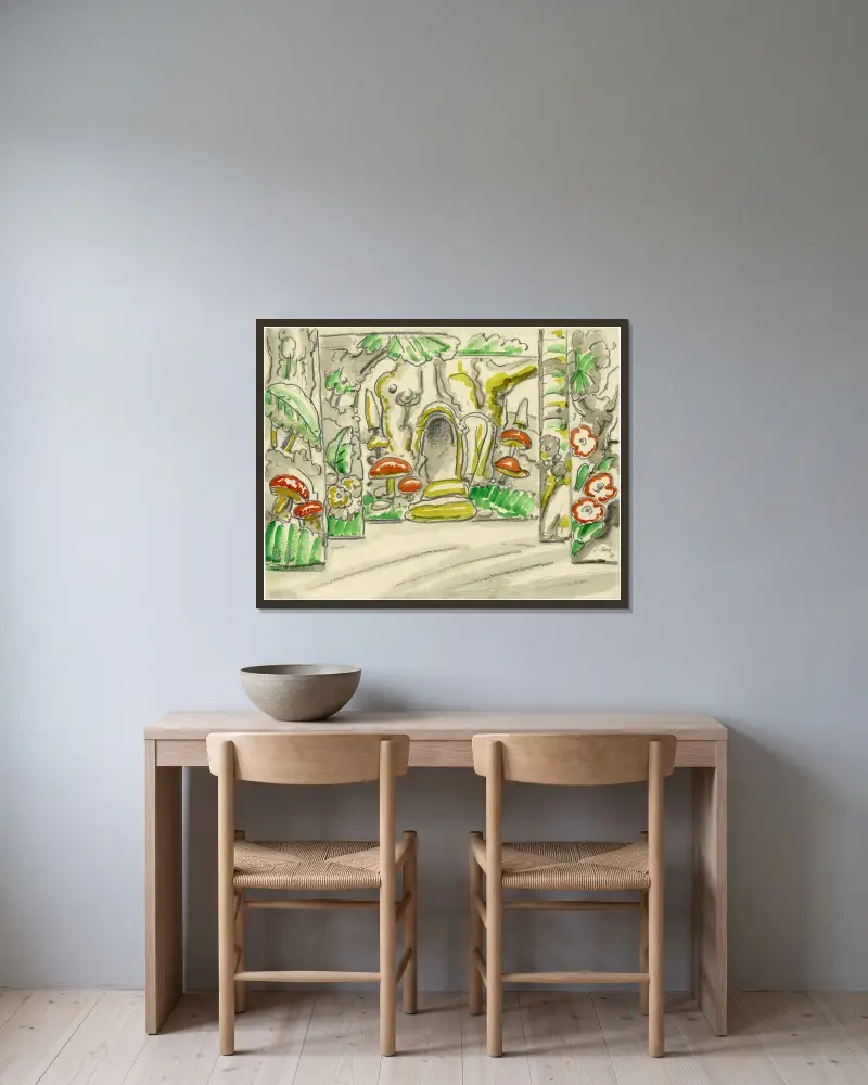 Gavel med svampar och blomsterprydnad av Alfred Ost inramad på en vägg
