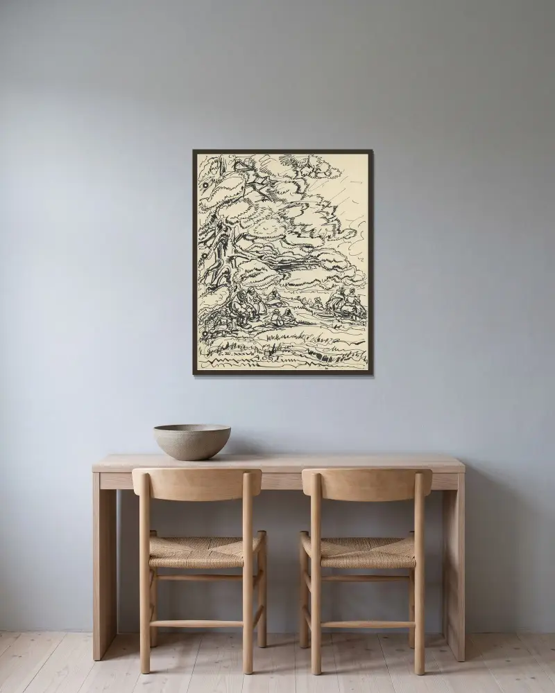 Grupp människor sitter under träd av Alfred Ost inramad på en vägg