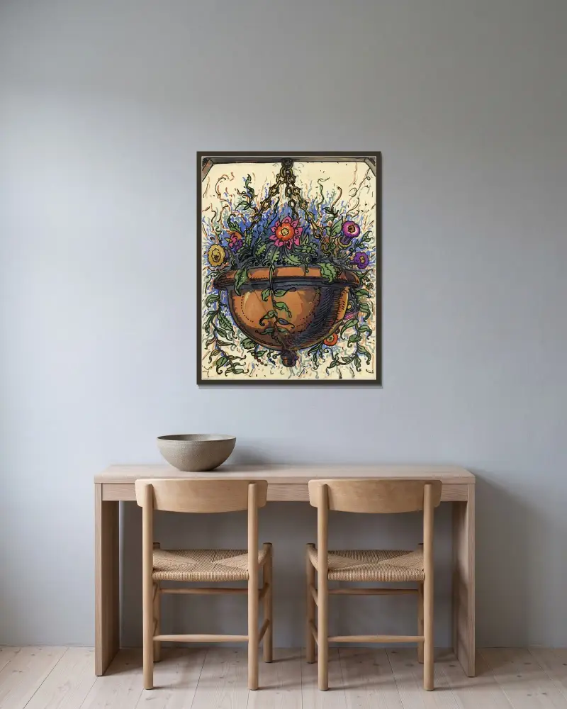 Hängender Topf 3 mit Blumen und Brief von Alfred Ost gerahmt an einer Wand