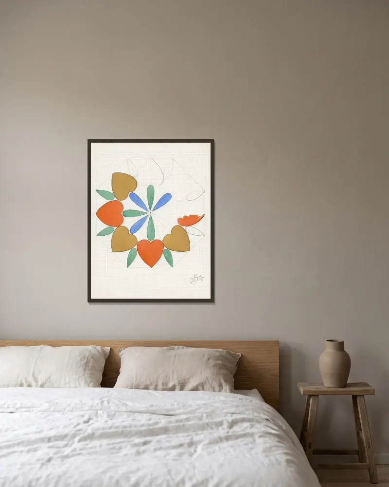 Hjärtan i blomform av Alfred Ost inramad på en vägg