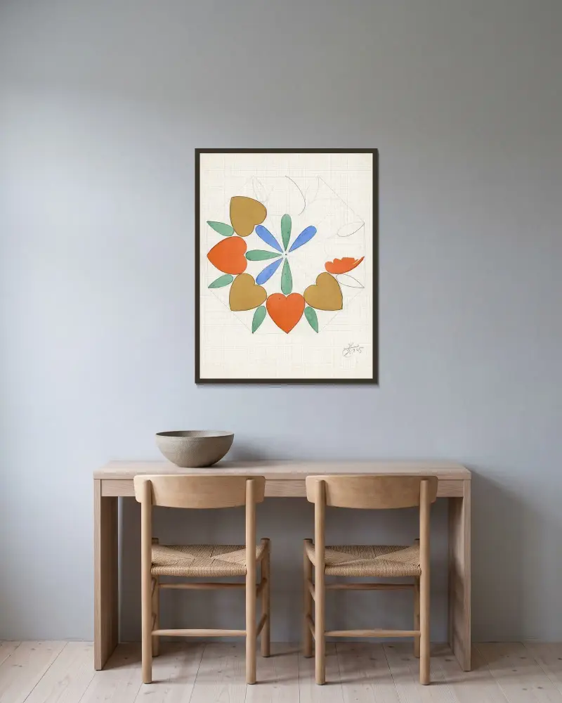 Hjärtan i blomform av Alfred Ost inramad på en vägg