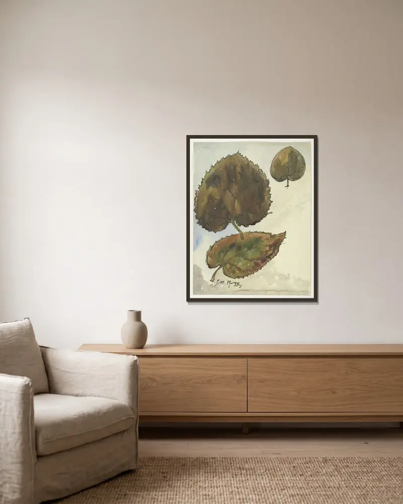 Herbstblatt der Linde von Alfred Ost gerahmt an einer Wand