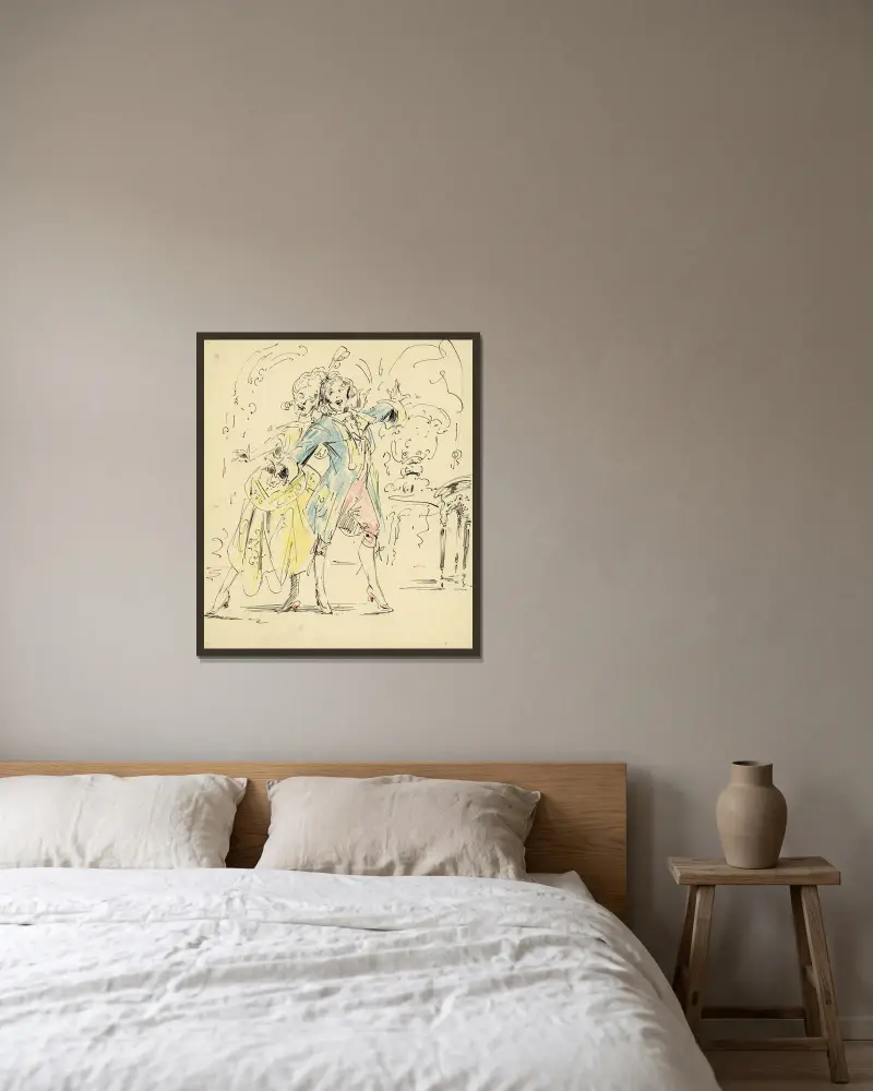 Historiskt skådespel med två dansande figurer av Alfred Ost inramad på en vägg
