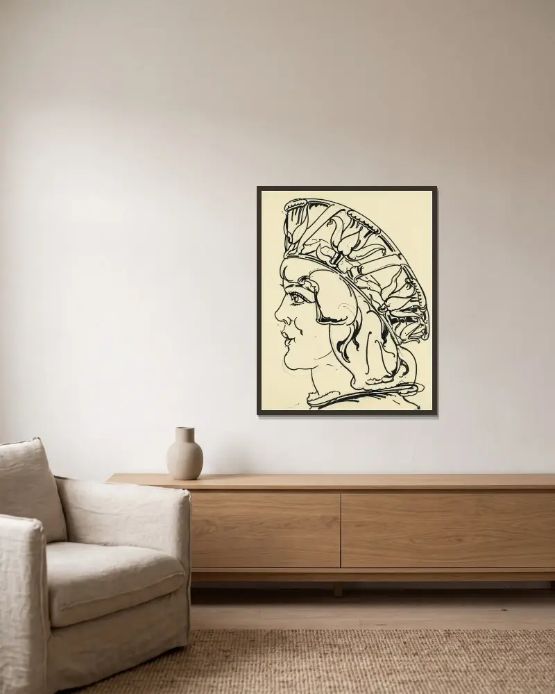 Kopf im Profil mit blumengeschmücktem Kopfschmuck von Alfred Ost gerahmt an einer Wand