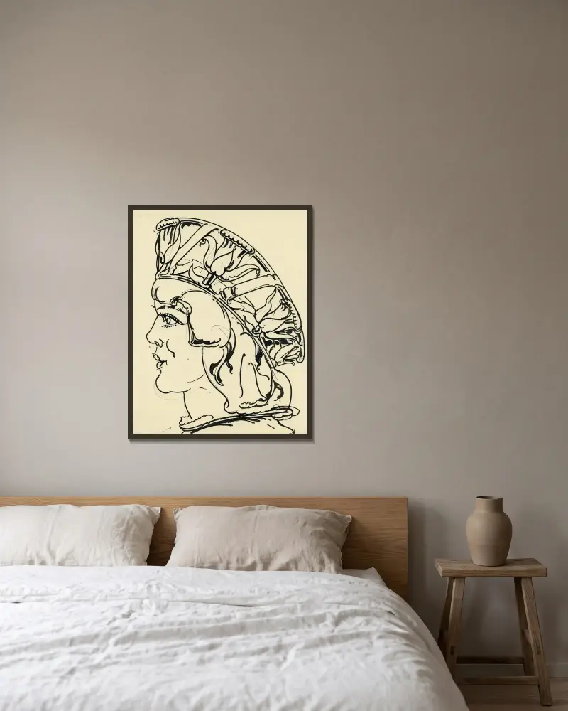 Kopf im Profil mit blumengeschmücktem Kopfschmuck von Alfred Ost gerahmt an einer Wand