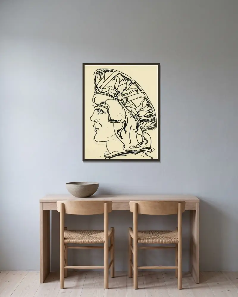 Kopf im Profil mit blumengeschmücktem Kopfschmuck von Alfred Ost gerahmt an einer Wand