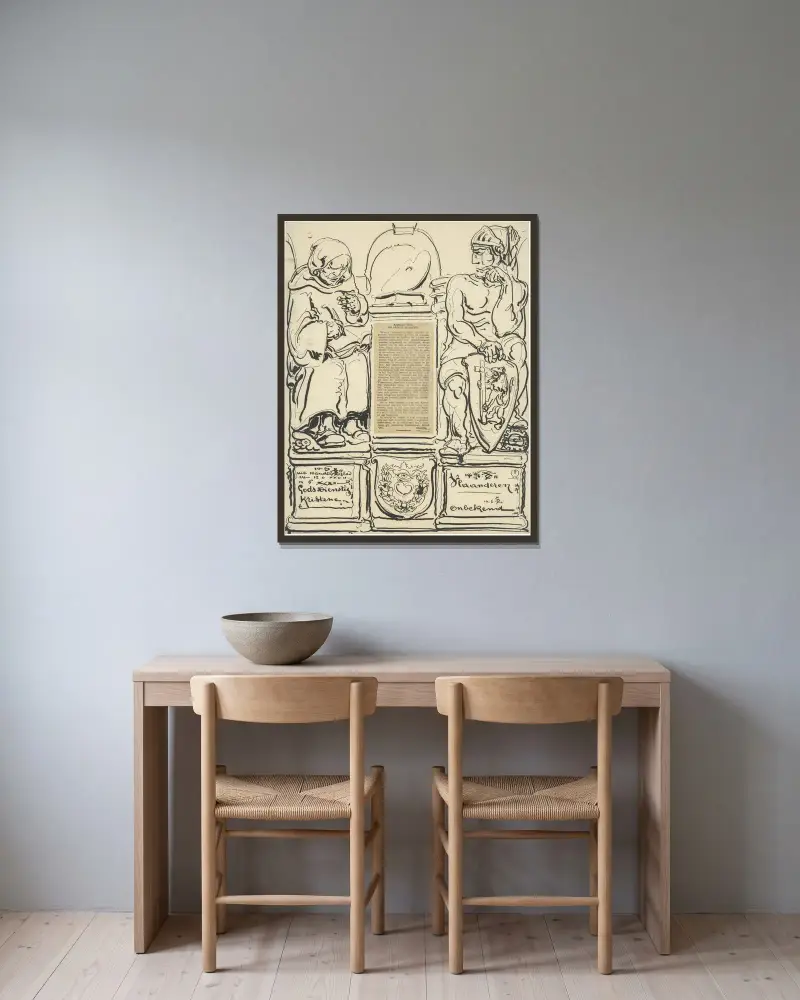 Illustratie bij de Stille Werker uit Handelsblad jun 1932 av Alfred Ost inramad på en vägg