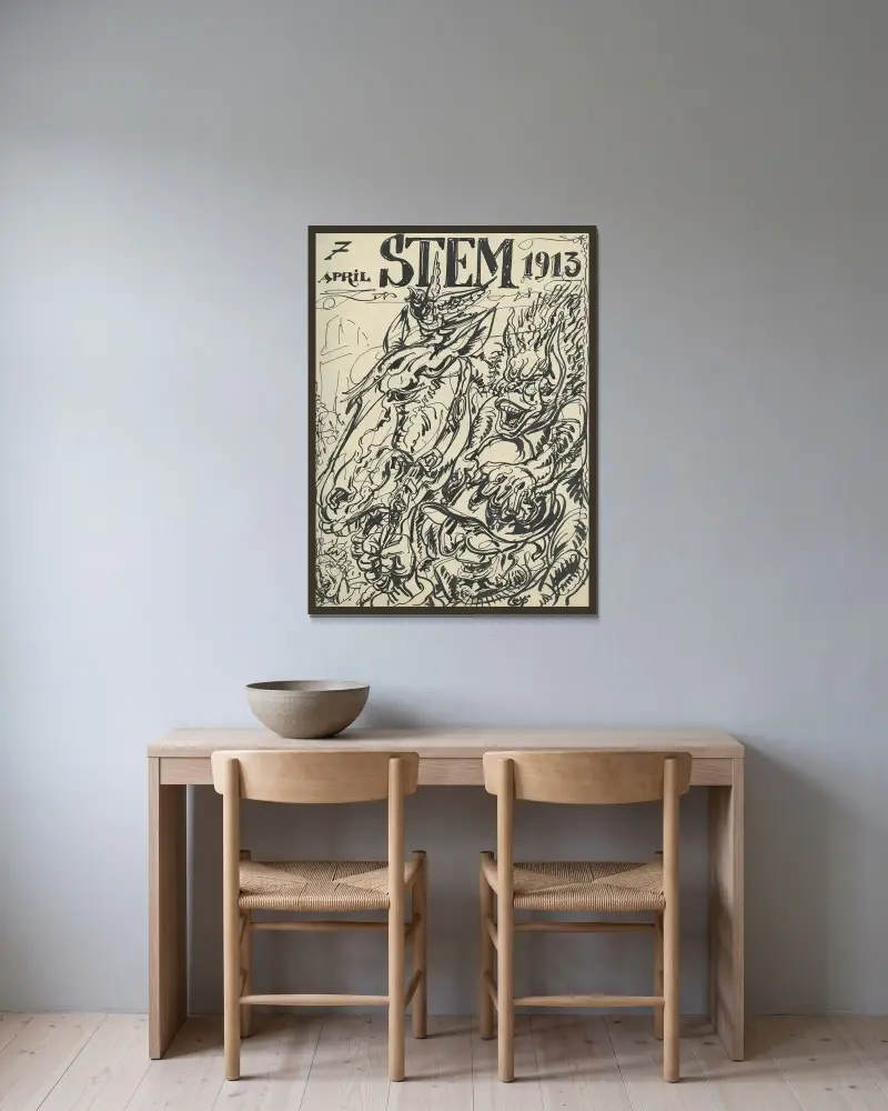 Illustratie bij De Volksstem april 1913 av Alfred Ost inramad på en vägg