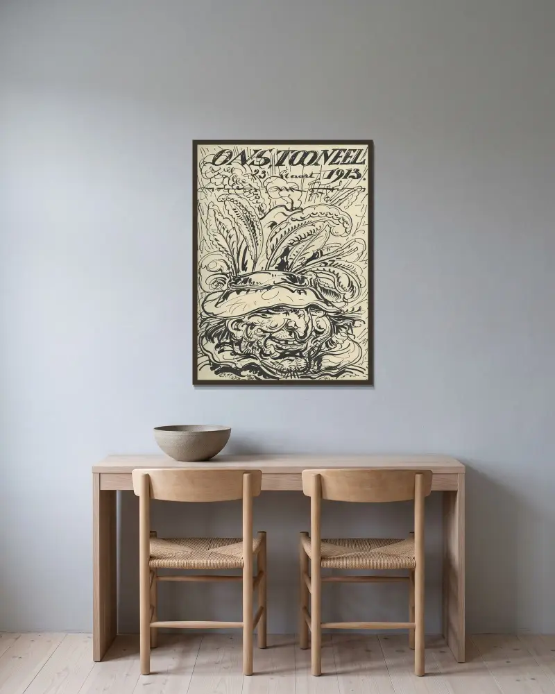 Illustration till Ons Tooneel, mars 1913 av Alfred Ost inramad på en vägg