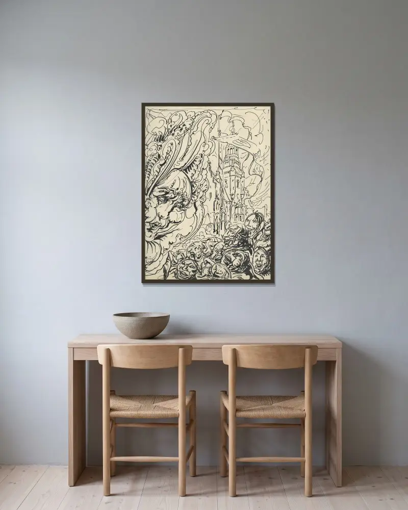 Illustration till Ons Volk ontwaakt, augusti 1922 av Alfred Ost inramad på en vägg