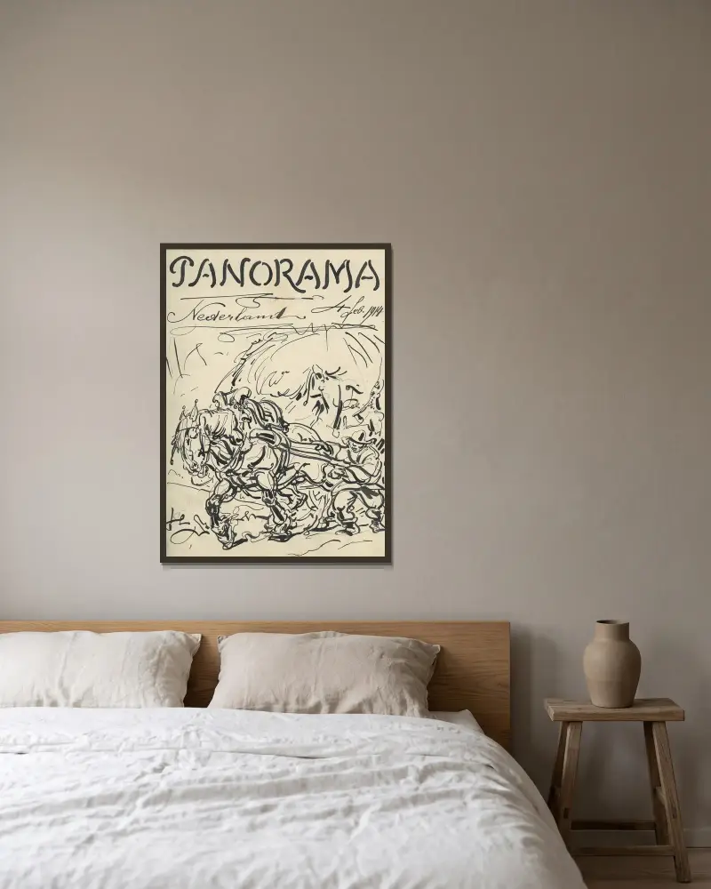 Illustration till Panorama Nederland, feb 1914 av Alfred Ost inramad på en vägg