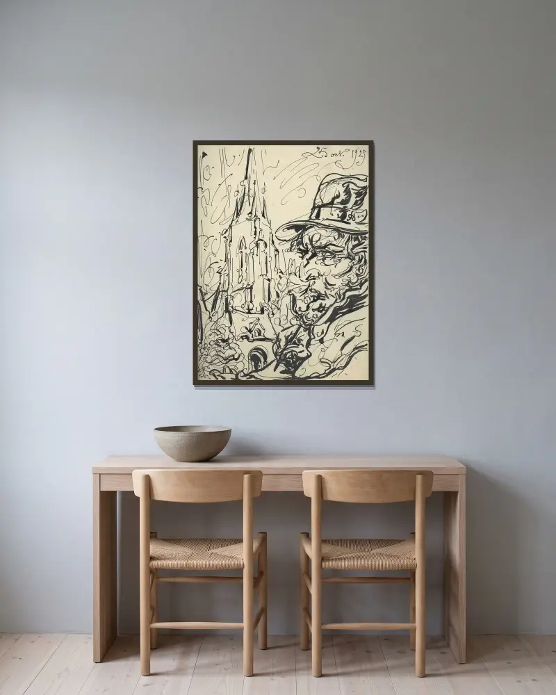 Illustration till Studio Kunstleven Magazine oktober 1925 av Alfred Ost inramad på en vägg
