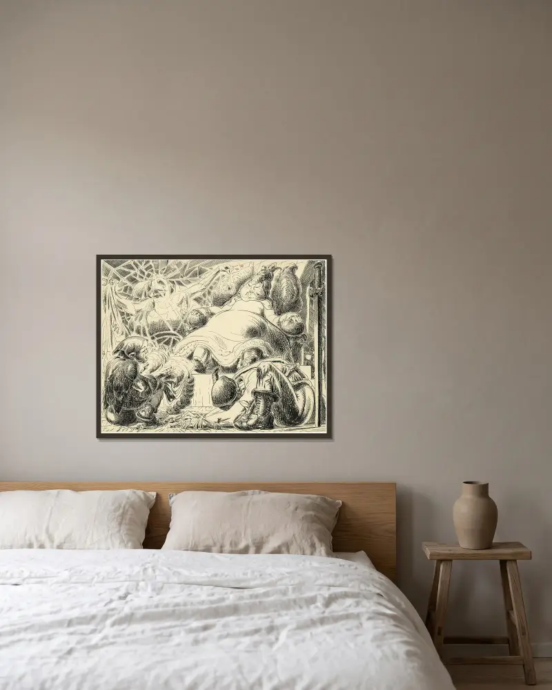 Illustratie ‘Lotje’ – Bellefleur, prinses van Muizenland met Grispik de hofdame (‘n spinnekobbe) en Lotje av Alfred Ost inramad på en vägg