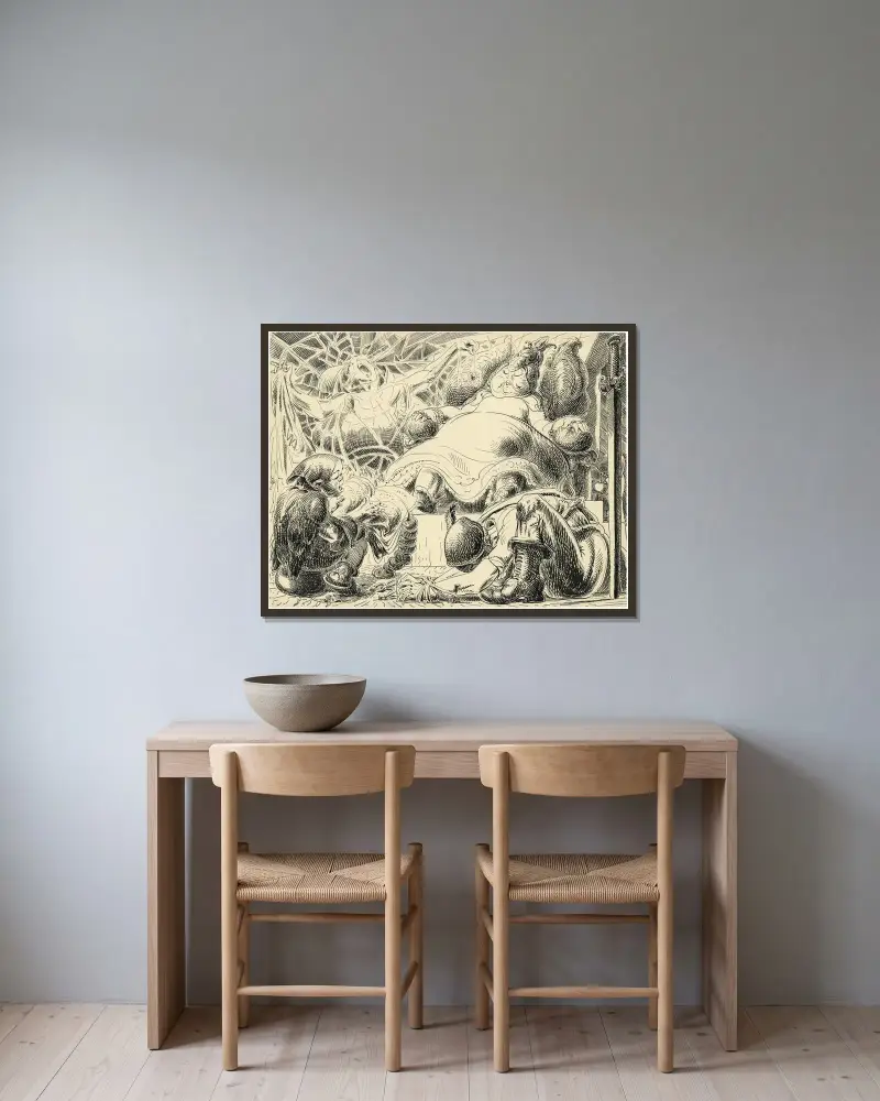 Illustratie ‘Lotje’ – Bellefleur, prinses van Muizenland met Grispik de hofdame (‘n spinnekobbe) en Lotje av Alfred Ost inramad på en vägg