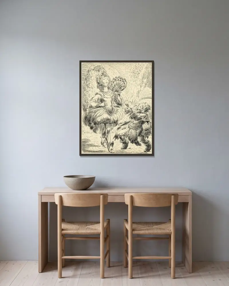 Illustration „Lotje“ – Flik van Flooi der Pfau und Lotje die Maus von Alfred Ost gerahmt an einer Wand