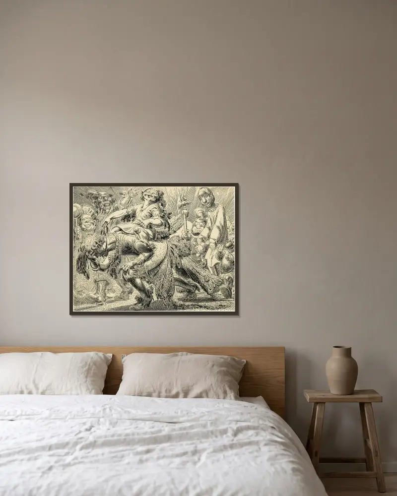 Illustration "Lotje" – Lotje till häst på Fliks rygg av Alfred Ost inramad på en vägg