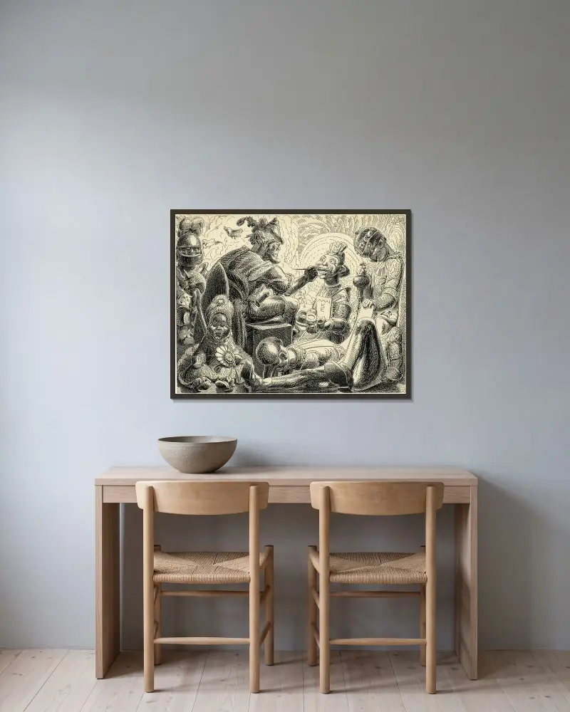 Illustration 'Lotje' – Pirrewie, dockteaterns boss med sina dockor av Alfred Ost inramad på en vägg