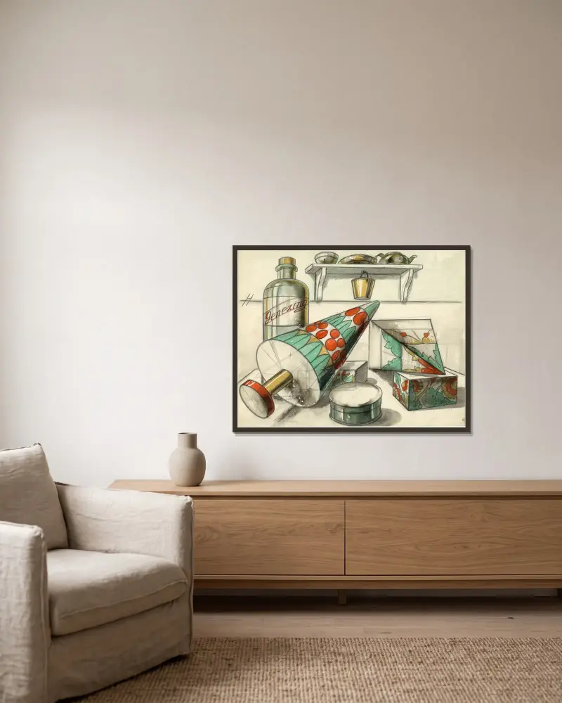 Kegel und Pyramide von Alfred Ost gerahmt an einer Wand