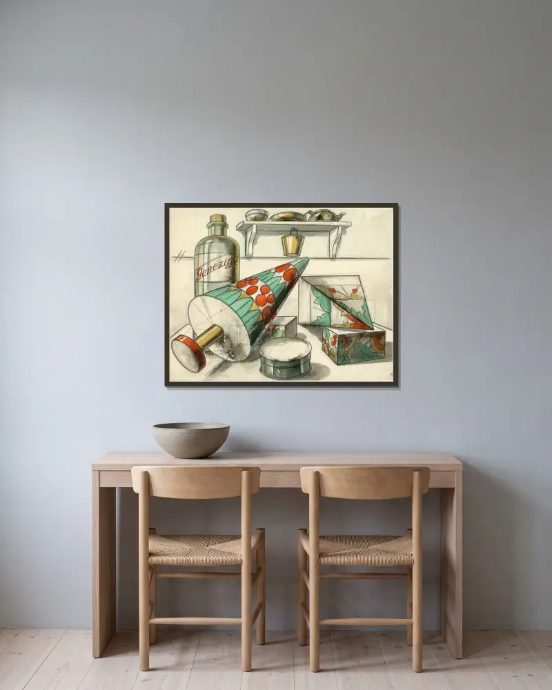 Kegel und Pyramide von Alfred Ost gerahmt an einer Wand