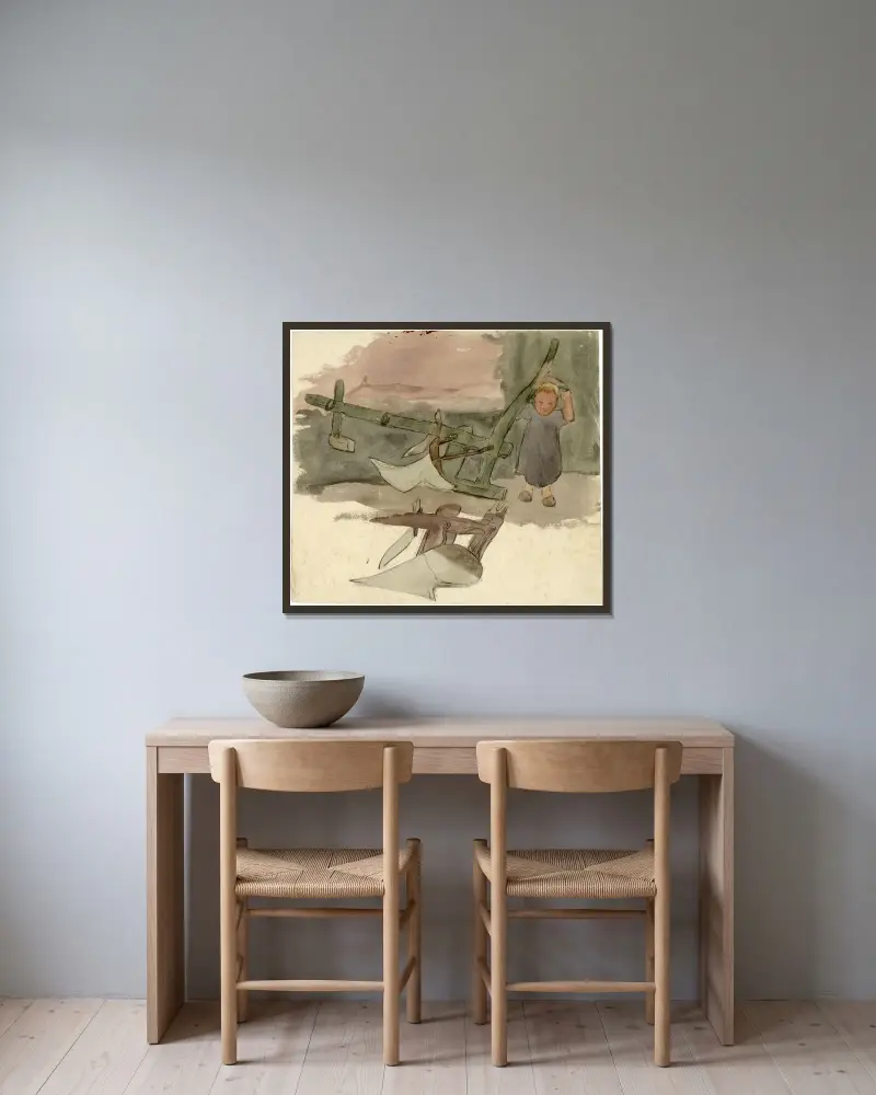 Ko och plog av Alfred Ost inramad på en vägg