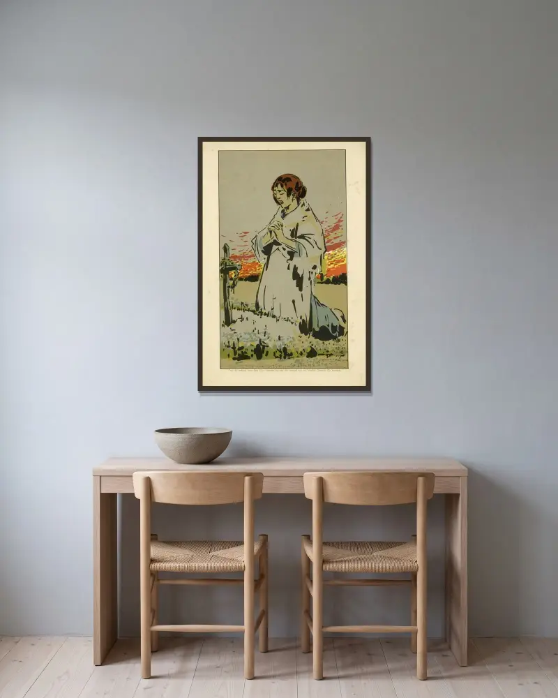 Knäböjande kvinna vid gravkors av Alfred Ost inramad på en vägg