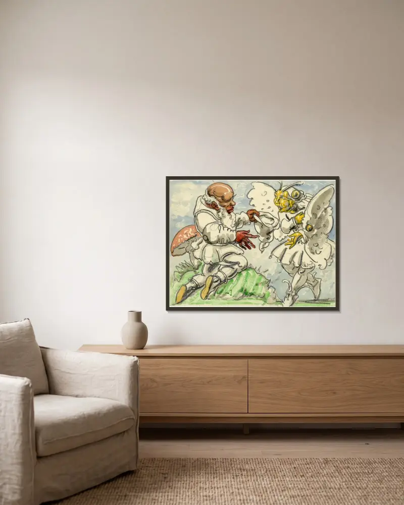 Mann und Engel von Alfred Ost gerahmt an einer Wand