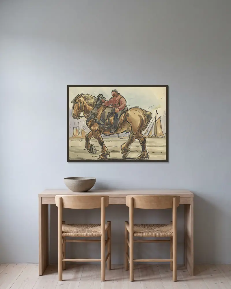 Man in amazonezit op een trekpaard av Alfred Ost inramad på en vägg