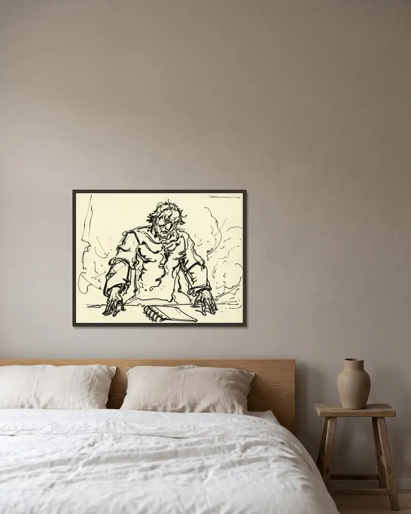 Man met handen op tafel en boek av Alfred Ost inramad på en vägg