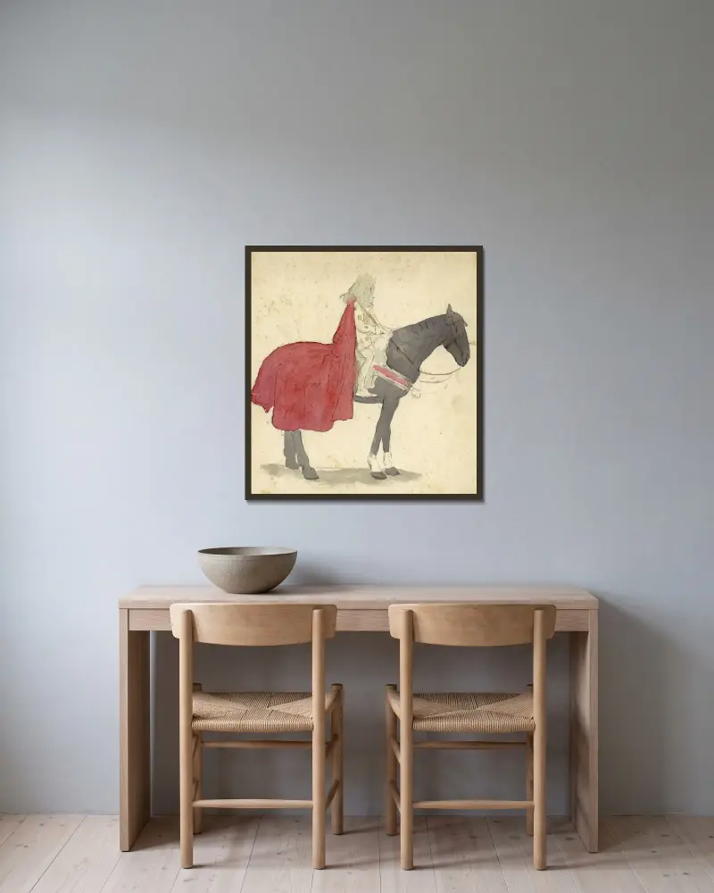 Man i röd mantel på svart häst av Alfred Ost inramad på en vägg