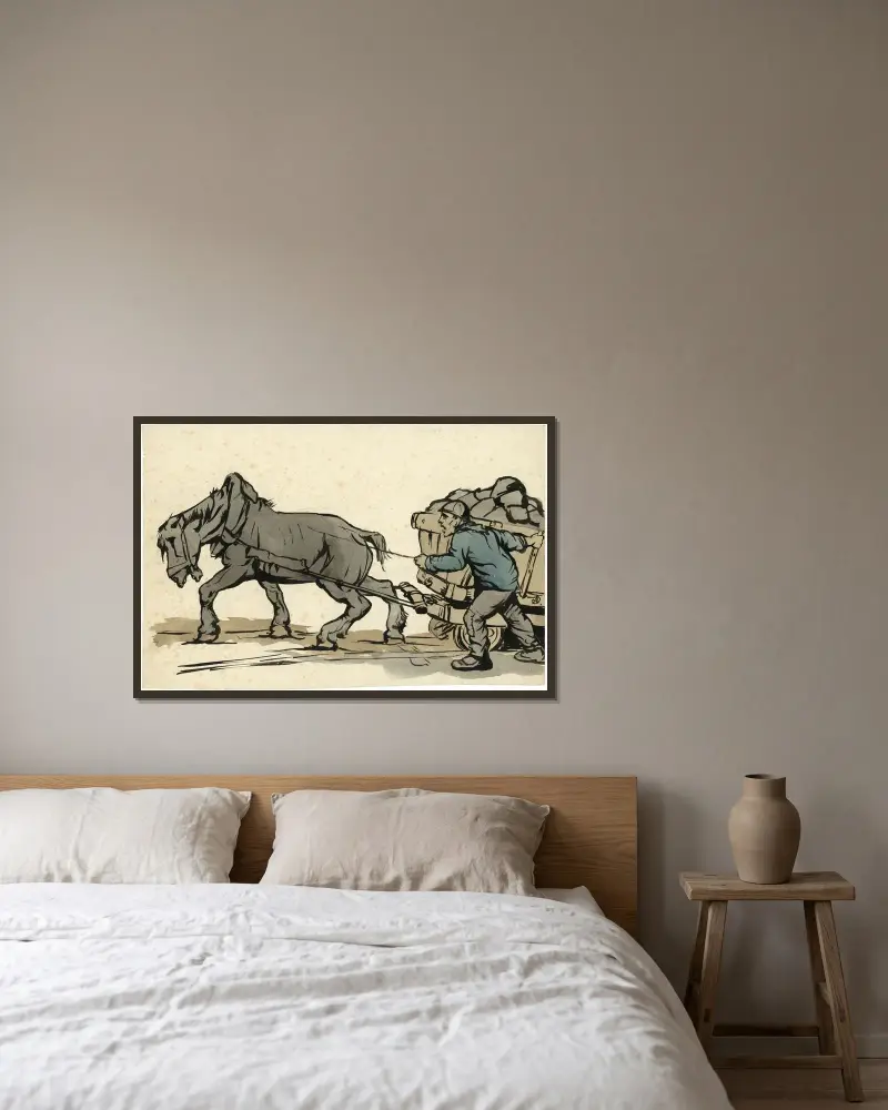 Arbetshäst med vagn och arbetare av Alfred Ost inramad på en vägg