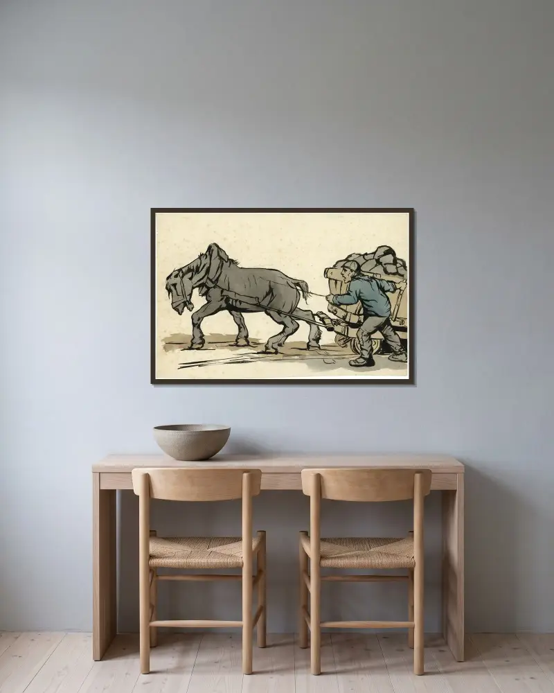 Arbetshäst med vagn och arbetare av Alfred Ost inramad på en vägg
