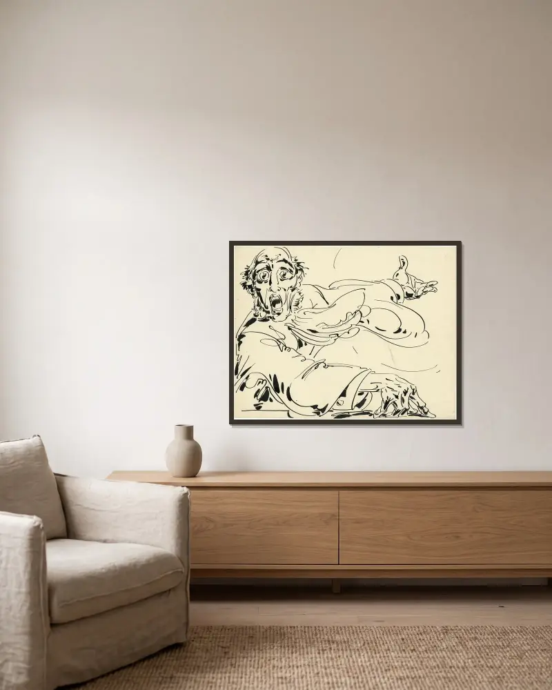 Ontwerp illustratie van de ‘Advertentie voor de Algemene Uitgeverij Antwerpen’ av Alfred Ost inramad på en vägg