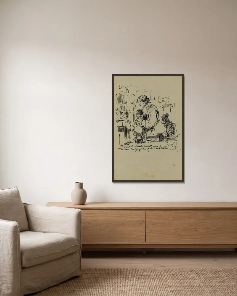 Litografisk design 'Till förmån för de belgiska deporterade' av Alfred Ost inramad på en vägg