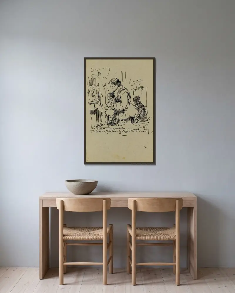 Litografisk design 'Till förmån för de belgiska deporterade' av Alfred Ost inramad på en vägg