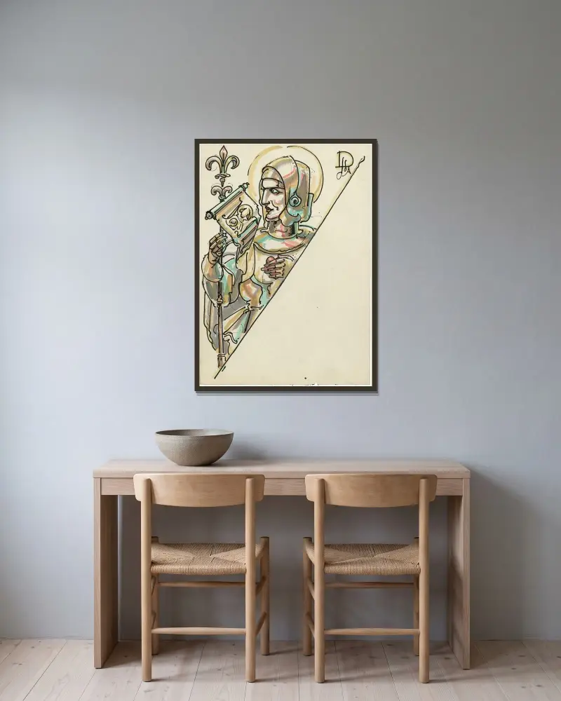 Spelkortsdesign av Alfred Ost inramad på en vägg