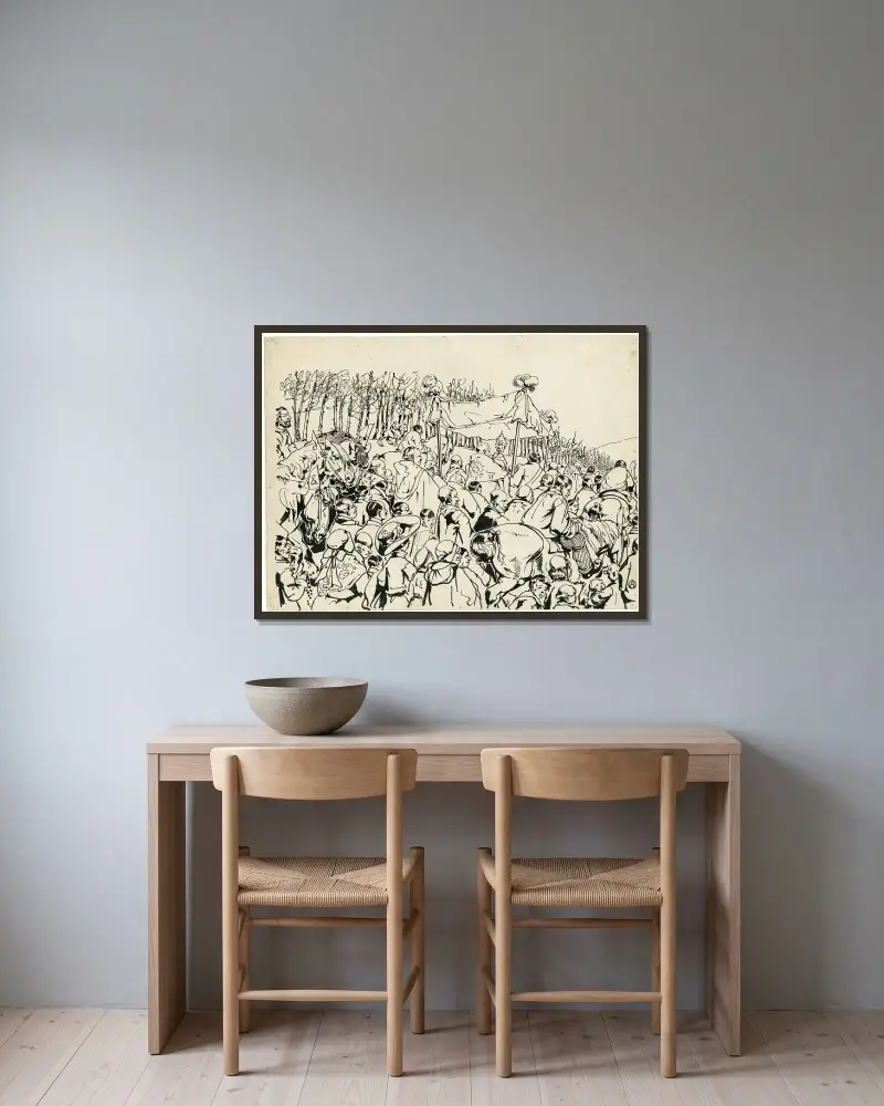 Design av vykortet 'Procession genom säden (Beêvaert van Hakendover)' av Alfred Ost inramad på en vägg