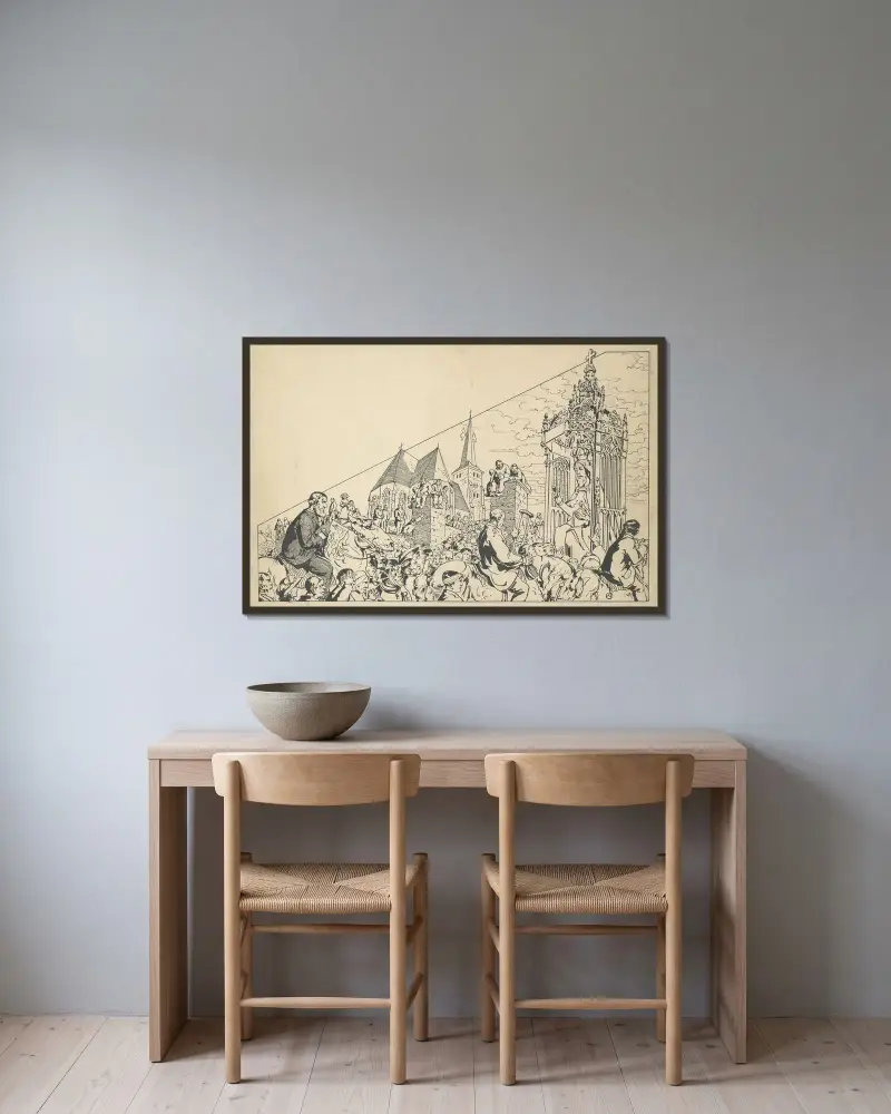 Design av vimpeln för det mirakulösa Kristusbilden (Hakendovers pilgrimsfärd) av Alfred Ost inramad på en vägg