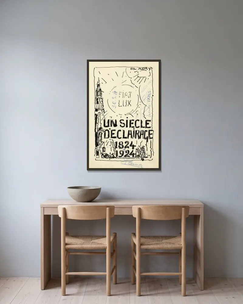 Design för belysning ’Un siècle d’éclairage’ av Alfred Ost inramad på en vägg