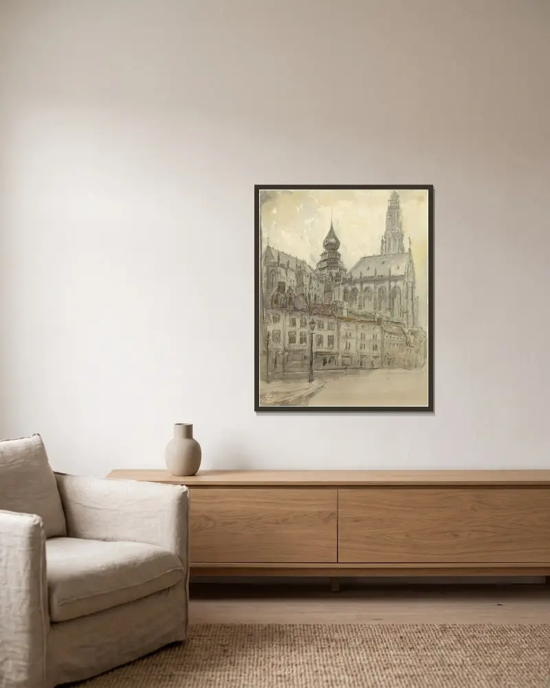 Onze-Lieve-Vrouwe Kathedraal te Antwerpen vanop de Lijnwaadmarkt av Alfred Ost inramad på en vägg