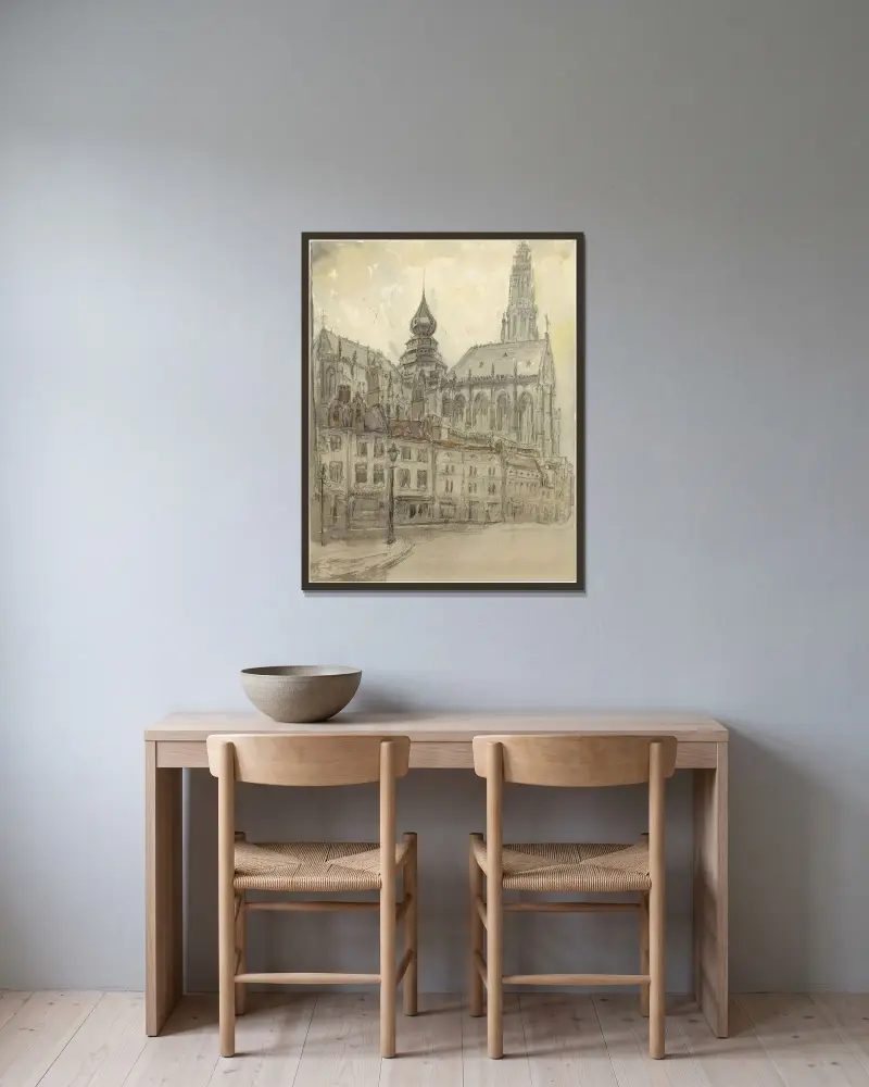 Onze-Lieve-Vrouwe Kathedraal te Antwerpen vanop de Lijnwaadmarkt av Alfred Ost inramad på en vägg