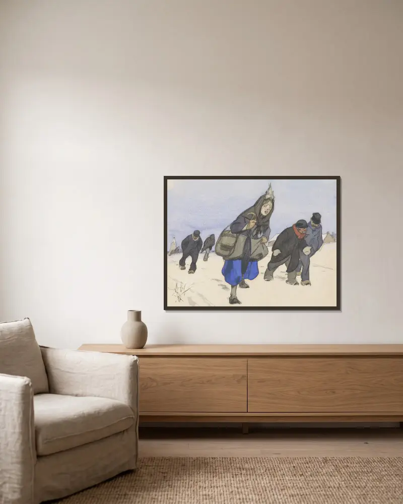 Kriegsflüchtlinge im Schnee von Alfred Ost gerahmt an einer Wand