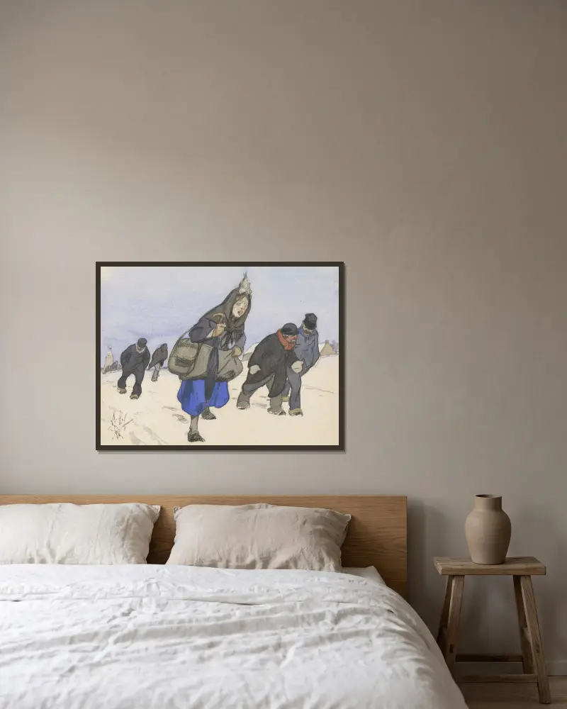 Kriegsflüchtlinge im Schnee von Alfred Ost gerahmt an einer Wand