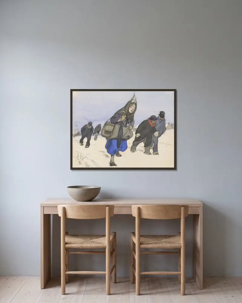 Kriegsflüchtlinge im Schnee von Alfred Ost gerahmt an einer Wand