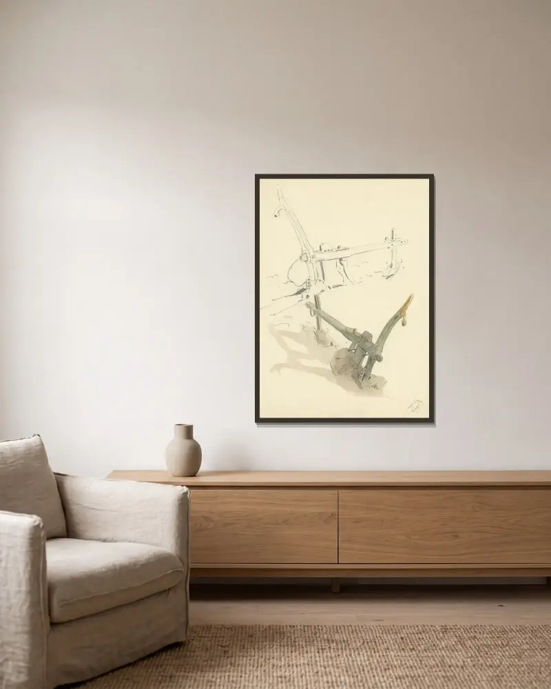 Pflug von Alfred Ost gerahmt an einer Wand