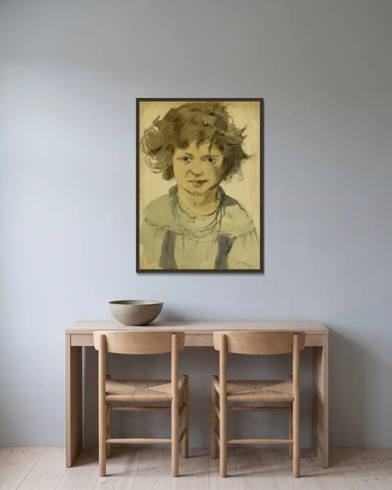 Porträtt av ett barn av Alfred Ost inramad på en vägg